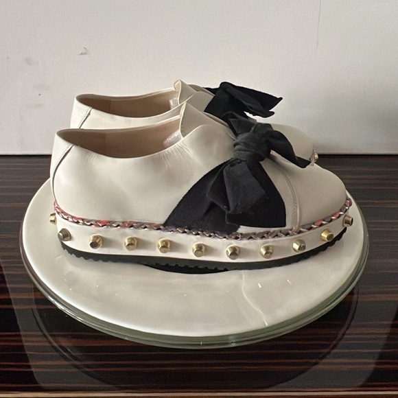 MADE IN ITALY AGLWhite Flats with Black Bow and  Platform Sole - Picture 3 of 5